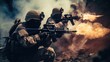 Special forces firing rifles in a smoky zone - Intense depiction of elite soldiers firing their weapons amidst heavy smoke during a critical mission