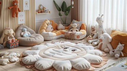 Wall Mural - Soft, plush animal rugs scattered across the floor, inviting playtime adventures.
