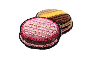 embroidered macaron patches. set of colorful french macaroon embroidery badges on transparent backgr
