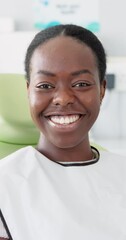 Poster - Dentistry, patient and portrait of black woman with smile for consultation, oral hygiene or pride. Medical clinic, relax and face of client with happiness for healthy teeth, confidence or dental care