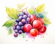 Fruit  Cluster of berries, vibrant watercolor, white , cute style