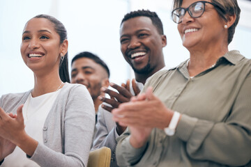 Canvas Print - Business people, applause and celebration in team meeting for congratulations, support or success in boardroom. Professional, diversity and employees clapping for conference, presentation or workshop