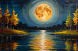 Capture the beauty of a harvest moon rising over a serene lake, adorned with trees and flowers. Abstract landscape painting of a magical night scene.