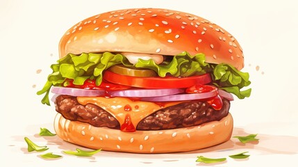 Canvas Print - A vibrant 2d illustration showcasing a delicious burger set against a clean white backdrop