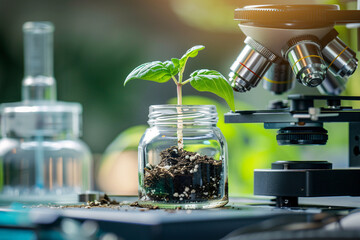 Wall Mural - plant seedling in jar in research lab with microscope. concept for biotechnology and genetic modific
