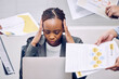 © peopleimages.com - Black woman, headache and stress with documents in chaos, burnout or anxiety from workload at office. Frustrated African or female person with migraine in depression from pressure or business crisis