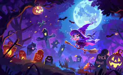 Wall Mural - a cartoon halloween scene with a witch on a broom