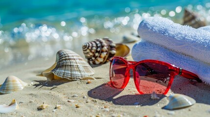 Wall Mural - Sunglasses on the beach. Beautiful sea view.Summer concept.