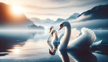 Serenity Of Swans: A Swan Family Glides Over A Tranquil Lake, Embodying Elegance And Unity In Close-Up Small Animal Double Exposure