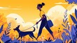 Celebrate Walk Your Dog Month with this trendy 2d illustration in a flat style featuring a happy African American woman taking a leisurely stroll with her furry companion in the park