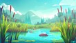 Water in lake near grass shore surrounded by bulrush in Japan illustration. Calm stream near willow game environment terrain for sunny day panorama.
