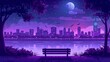 The esplanade of a night city park with a bench on the street in the middle of the night, surrounded by purple midnight cityscape and garden landscape view. Garden and seaside in summer.