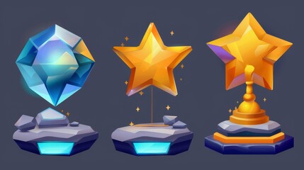 Wall Mural - An award set made of 3D glass isolated on a transparent background. It consists of a rhombus shape trophy, a star shape trophy, and a stone platform to represent the honor prize for the best result