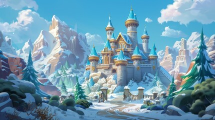 Poster - The cartoon shows a fairytale castle with windows and doors, towers and gates in a winter landscape near mountains, snowcovered ground and trees. The path leads to the entrance of the castle.