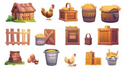 Wall Mural - Set of chicken farm design elements isolated on white background. Modern illustration of wooden crates and barrels, metal buckets, sacks, haystacks, funny hens with eggs, and village barn builders.