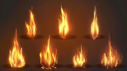 Wall Mural - 3D modern illustration, icon, clipart with realistic flames isolated on transparent background. Burning campfire or candle blaze effect, glowing orange and yellow flare design elements.