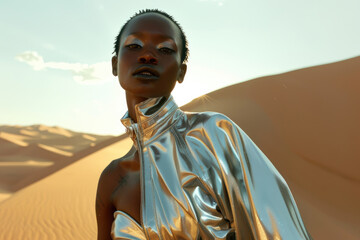 Poster - Portrait of black female model wearing sleek futuristic metallic silver outfit on golden sand dunes under clear sky