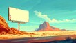Cartoon landscape of hot sand desert with highway turn, advertising banner with beer bottle, orange mountains and road in the desert with red rocks.