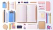 Pages of kraft paper, with lines, dots, or checks, with sticky notes, clips, and colored pencils around. Memo pads, daily planner templates, realistic 3D modern illustration.