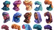Headwear collection for men and women, oriental and Indian wrap hats, cartoon modern illustration, clipart, arabic scarf for women, and pagdi for men.