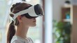 Close up shot of girl deep in virtual reality at home. women embrace vr for 3d simulation