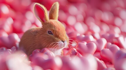 A rabbit sitting in a field of pink hearts