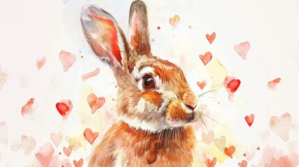 Wall Mural - A watercolor painting of a rabbit surrounded by hearts