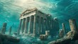 An ancient Greek temple is seen in a state of disrepair, half-submerged in the ocean.