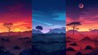 Modern illustration of Africa's savannah landscape at night, morning, day and evening time. Africa's wild nature cartoon backgrounds with trees, rocks and plain grassland fields.