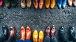 A row of mens business shoes neatly lined up, showcasing various styles, colors, and materials