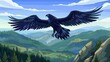 Illustration of a black eagle, falcon, or hawk flying with outspread wings over a green valley, rocks, and spruces.