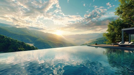 Poster - Infinity pool. Pool Terrace and Mountain View. infinity pool above the Mountains in the morning in front of beautiful nature views