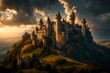 © Muhammad - the grandeur of a castle on a hill, with turrets reaching for the clouds under a golden dawn.