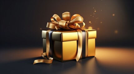 Gold gift box with gold ribbon isolated on Black Background. 3d Illustration concept of gift box