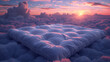 Dreamy comfort above the clouds: a large plush duvet against a surreal sunset sky.