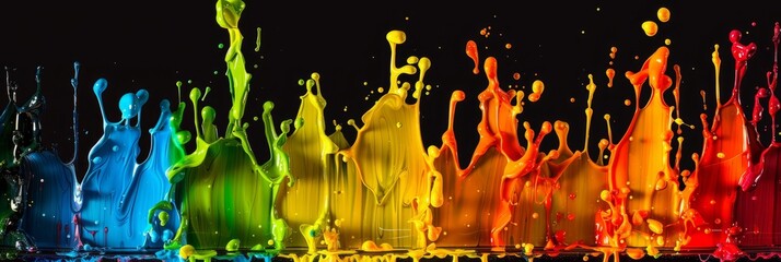 Wall Mural - Color liquid ink splash abstract background rainbow art. Rainbow splash collage mix flow drip. Fluid wave color yellow, red, green, blue. Liquid ink palette motion