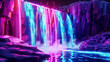 A neon waterfall, cascading down low poly cliffs, its luminous water streams representing the continuous flow of information.