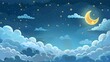 Cartoon Moon and Stars Adorning a Dreamy Night Sky A charming depiction of a crescent moon cradling twinkling stars, set against a whimsical canvas of soft, billowing clouds in a peaceful night sky.