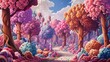 Whimsical Candy-Colored Forest Wonderland This vibrant horizontal canvas captures the enchantment of a cartoon forest filled with candy-colored trees and whimsical flora, invoking a storybook charm.