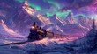 Enchanted Train Journey Under Northern Lights An illustrious steam train embarks on a magical journey through a snowy landscape, beneath the mesmerizing dance of the Northern Lights in a starlit sky.