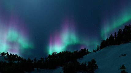 Wall Mural - a beautiful green and red aurora dancing over the hills