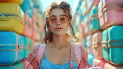 Young girl with suitcases. Close-up portrait of a female traveler. Tourism, travel, weekend.