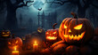 Scary beautiful halloween illustration. Background, poster, pumpkins, twilight forest, castle, bats. Mysterious and mystical