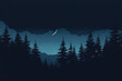 Illustration of a beautiful mountain landscape. Night scene. Beautiful landscape. Forest view in night with beautiful moon. Flat minimalistic design. Panorama of a mountain landscape.