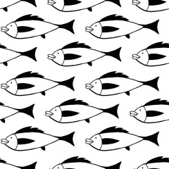 Wall Mural - A black and white fish pattern with many fish in it. The fish are all different sizes and shapes