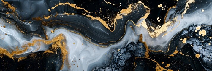 Wall Mural - Gold abstract black marble background art paint pattern ink texture watercolor white fluid wall. Abstract liquid gold design luxury wallpaper nature black brush oil modern paper splash painting water