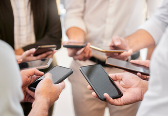 Aufkleber - Business people, group and hands with phone in circle for communication, data sharing or download. Team, employee and networking with smartphone for digital connectivity, multimedia and collaboration