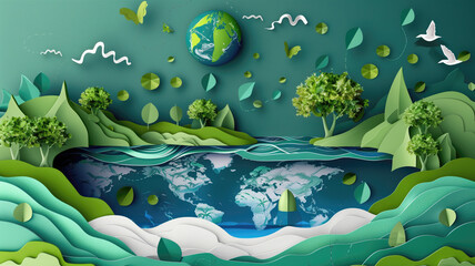 Paper art , Ecology and world water day , Saving water and world Environment day, environmental protection and save earth water , Generate Ai