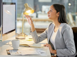 Aufkleber - Businesswoman, working late and computer in office as copywriting in agency on deadline for employer. Female person, freelancer and professional in workplace by night lamp, technology and notebook