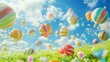 Vibrant 3D-rendered candy lollipops floating in the air with blue sky and clouds backdrop on sunny day